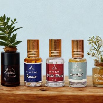 Attar Kunj Attar Combo Pack 3 x 6ml (Kesar, White Musk & Sandal) | Long Lasting Non-Alcoholic Perfume Oils | Made in Kannauj