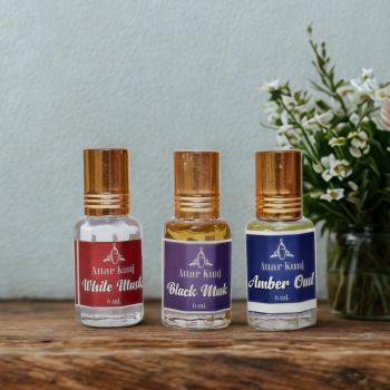 Attar Kunj Attar Combo Pack 3 x 6ml (White Musk, Black Musk & Ambar Oud) | Long Lasting Non-Alcoholic Perfume Oils | Made in Kannauj