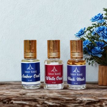 Attar Kunj Attar Combo Pack 3 x 6ml (White Oud, Black Musk & Ambar Oud) | Long Lasting Non-Alcoholic Perfume Oils | Made in Kannauj