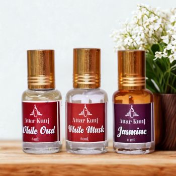 Attar Kunj Attar Combo Pack 3 x 6ml (White Oud, White Musk & Jasmine) | Long Lasting Non-Alcoholic Perfume Oil | Made in Kannauj
